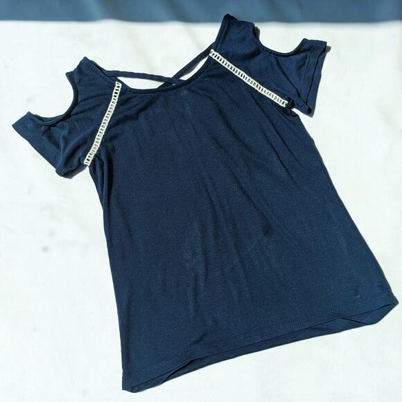 Lily Bleu Girls 7/8 Shirt Small Blue Top Cutout Short Sleeve Cross Straps Summer - Picture 1 of 5